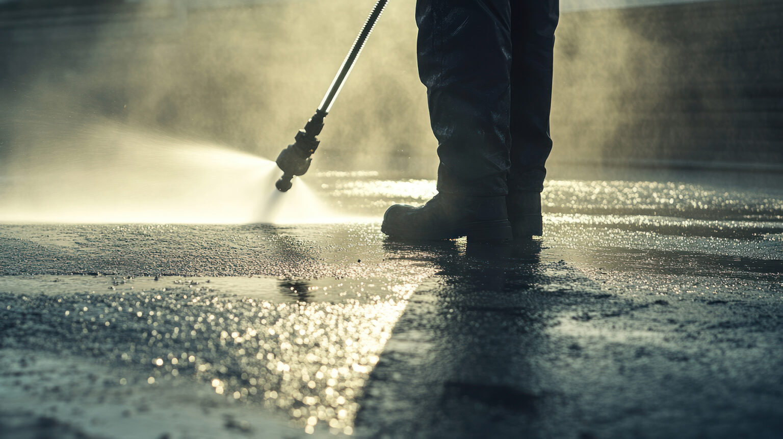 Person power washing pavement, low angle view.