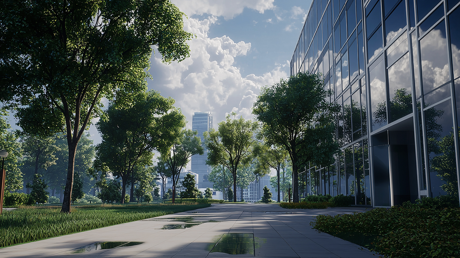 Modern Office Building with Green Trees